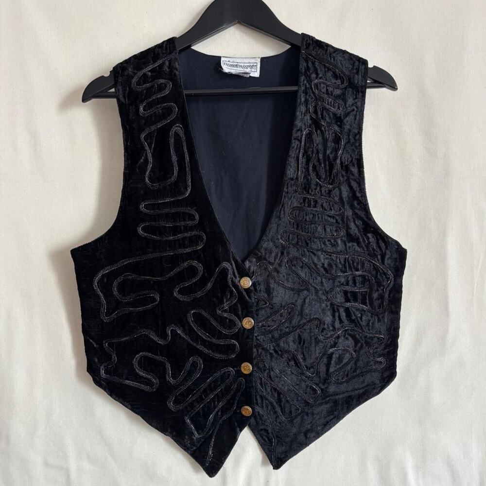 VTG 90s Fashion Passport Black Crushed Velvet Fall Vest WhimsyGoth - Size M